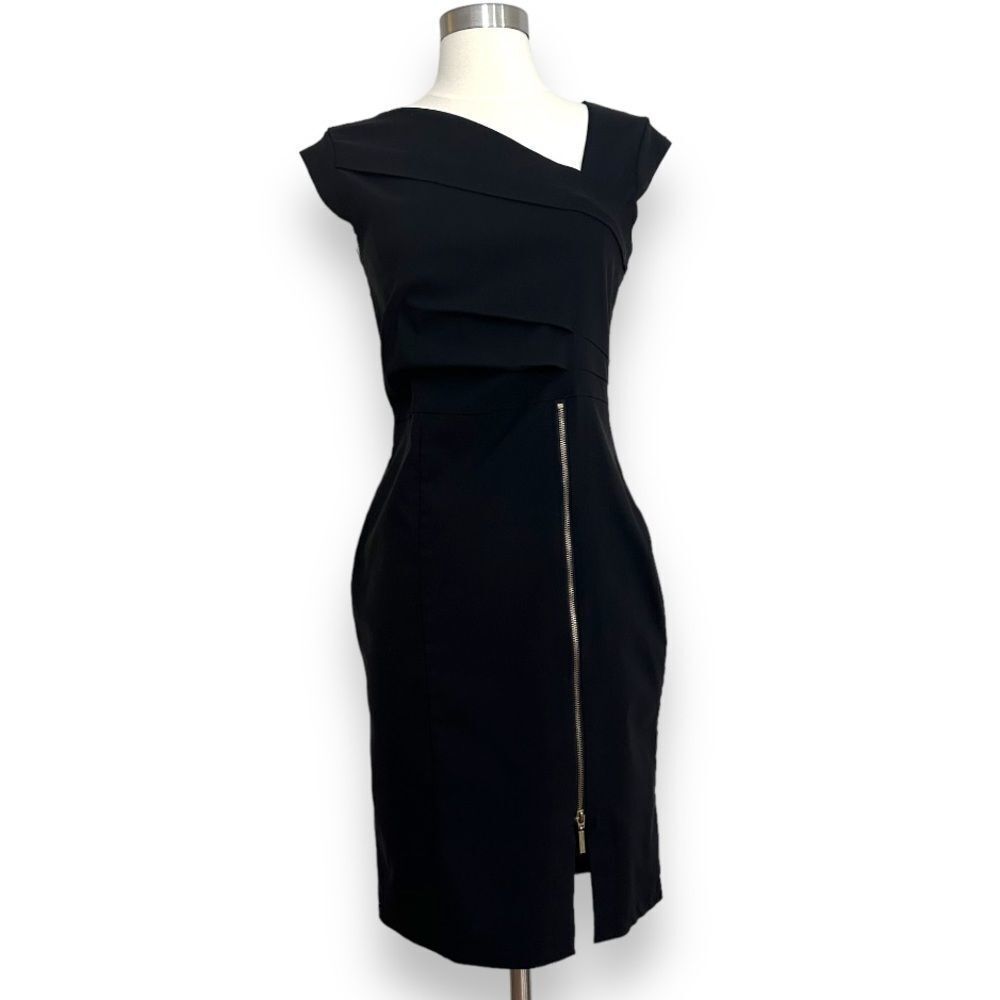 SUZY SHIER | Asymmetric Collar Exposed Zipper Cap Sleeve Stretch Sheath Dress M